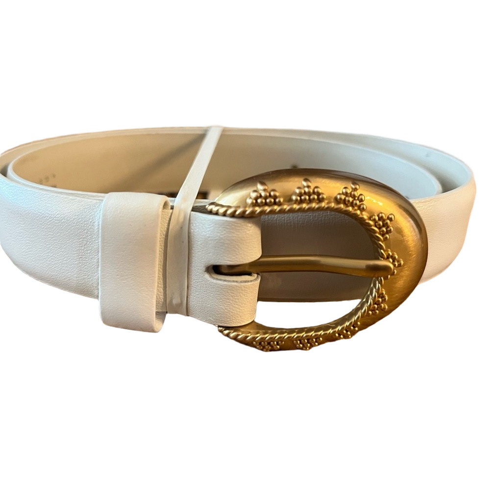 Vintage Liz Claiborne Off-White Leather Dress Belt with Ornate Gold Buckle - S